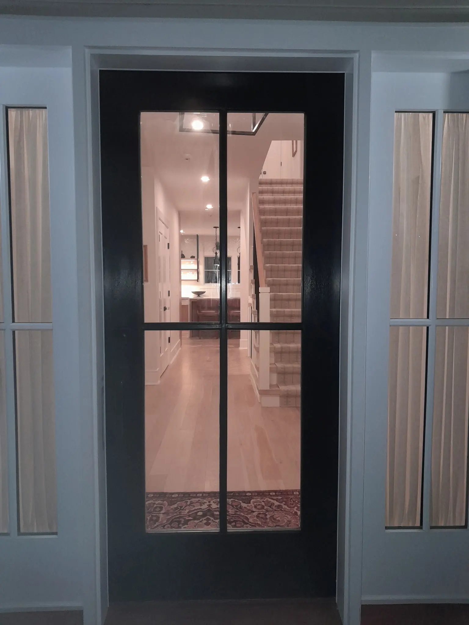 Black interior entry door with trim and sidelights.